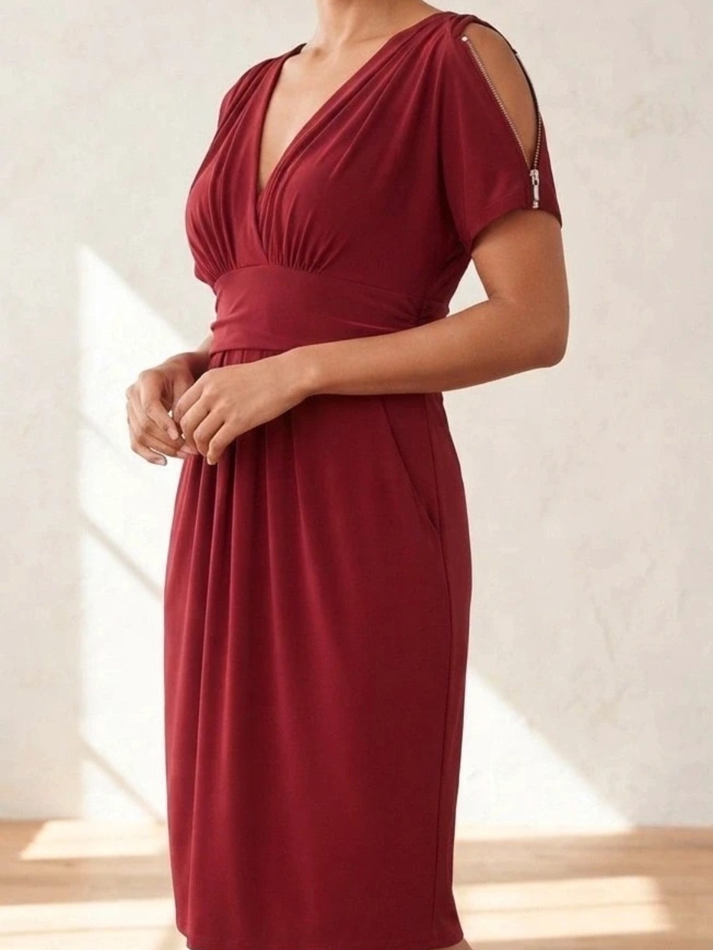Worthington Burgundy V-Neck Midi Dress with Zip-Shoulder